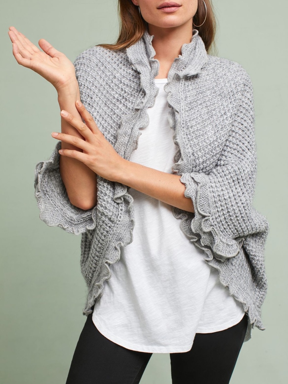 Anthropologie Moth Rocio Ruffle Cardigan Gray Open Sweater Wool Cozy Size M